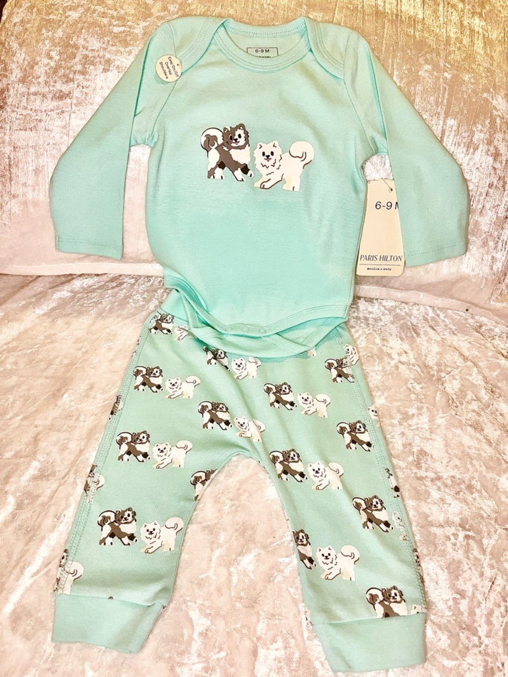 Paris Hilton Mint Green Puppy Print Baby Two-Piece Matching Set